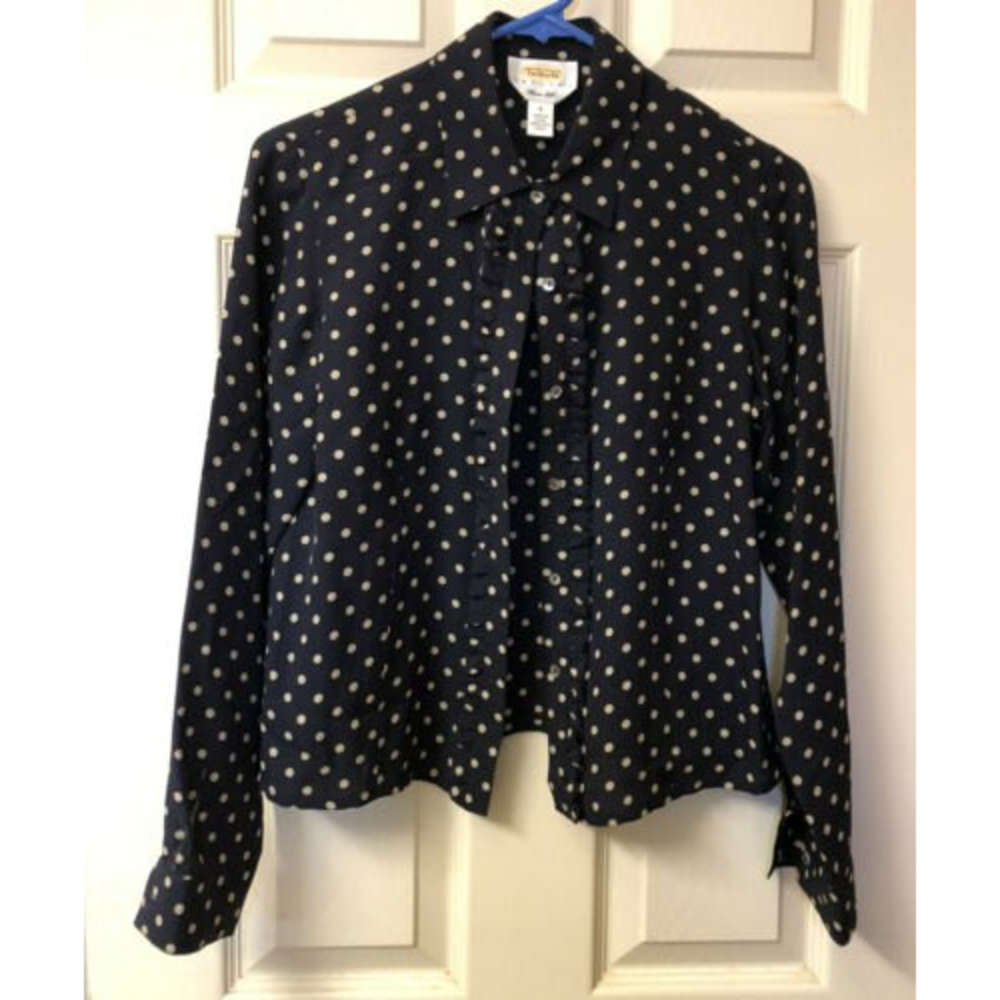Talbots Petites Women's Silk Black/Tan Polka Dot Ruffled Long Sleeve Blouse  Sz6